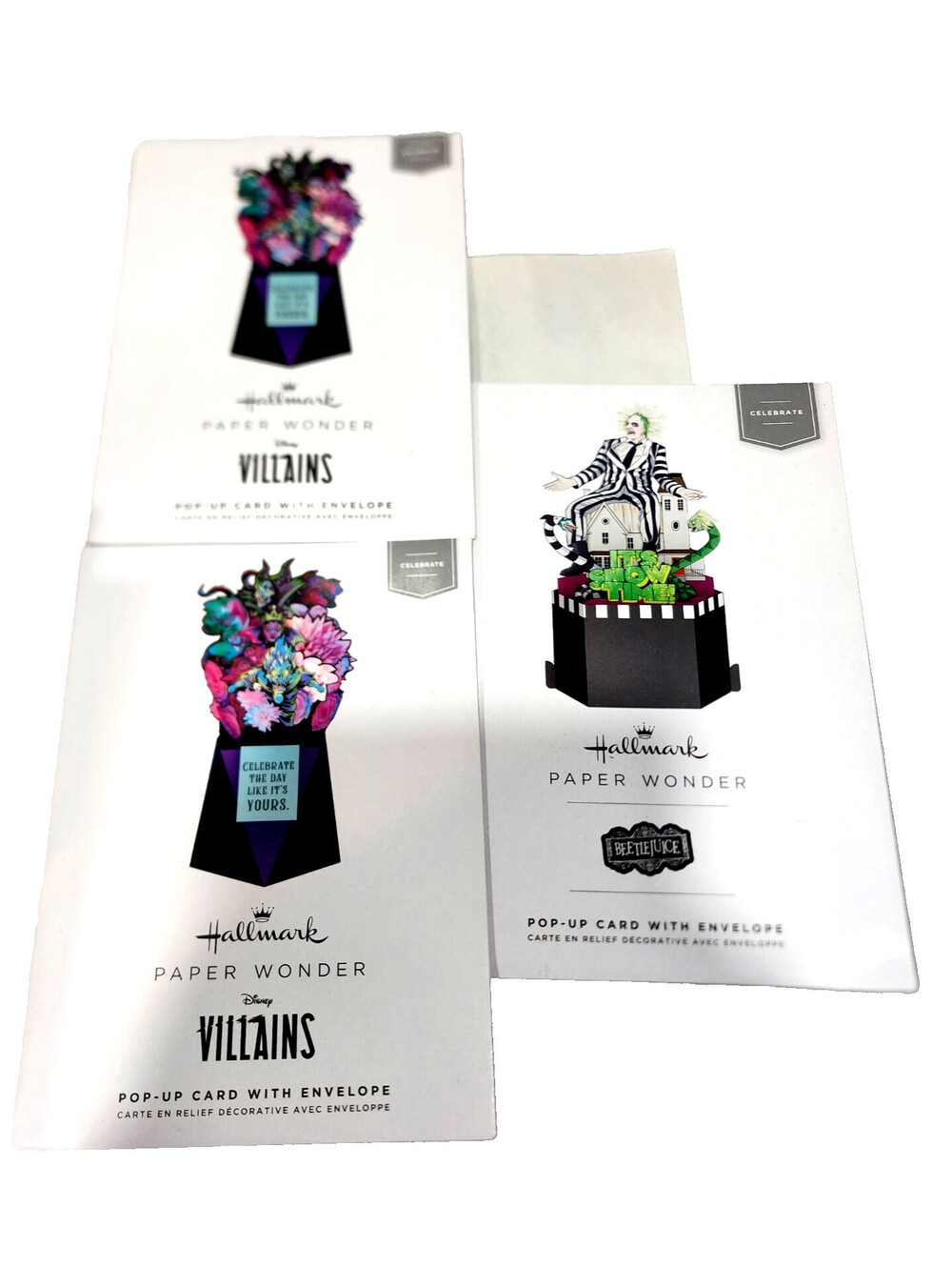 Hallmark Paper Wonder Pop Up Card 4 Lot 2 Beetlejuice Disney Villains Halloween
